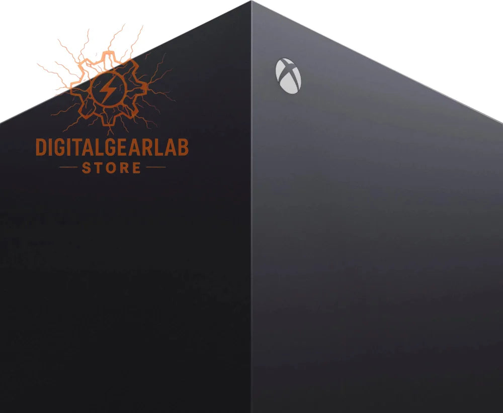 Black xbox gaming console with angular design and logo on top