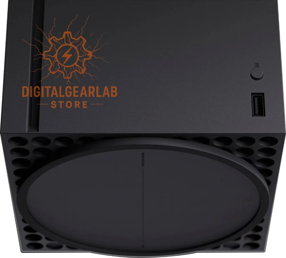 Black subwoofer with perforated side panels and usb port design.
