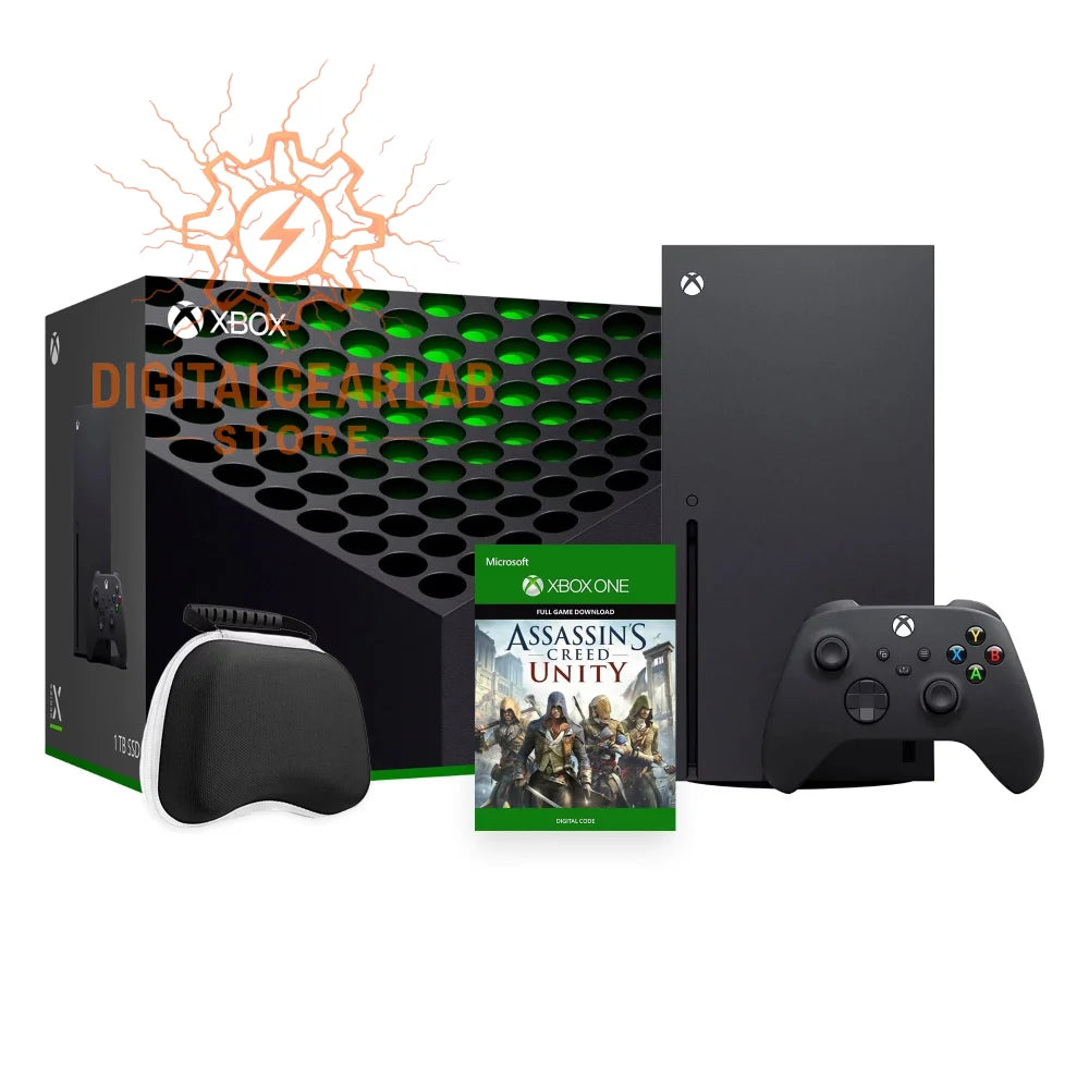 Black xbox series x console with green led lights and controller, white wrist strap.
