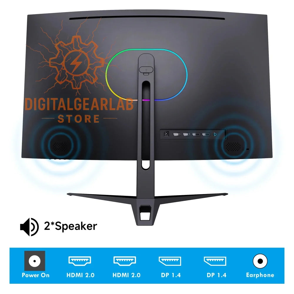 24-inch curved monitor with dual hdmi 2.0 and dp ports, black frame, glossy finish, built-in speakers, modern design, compatible with various input devices.