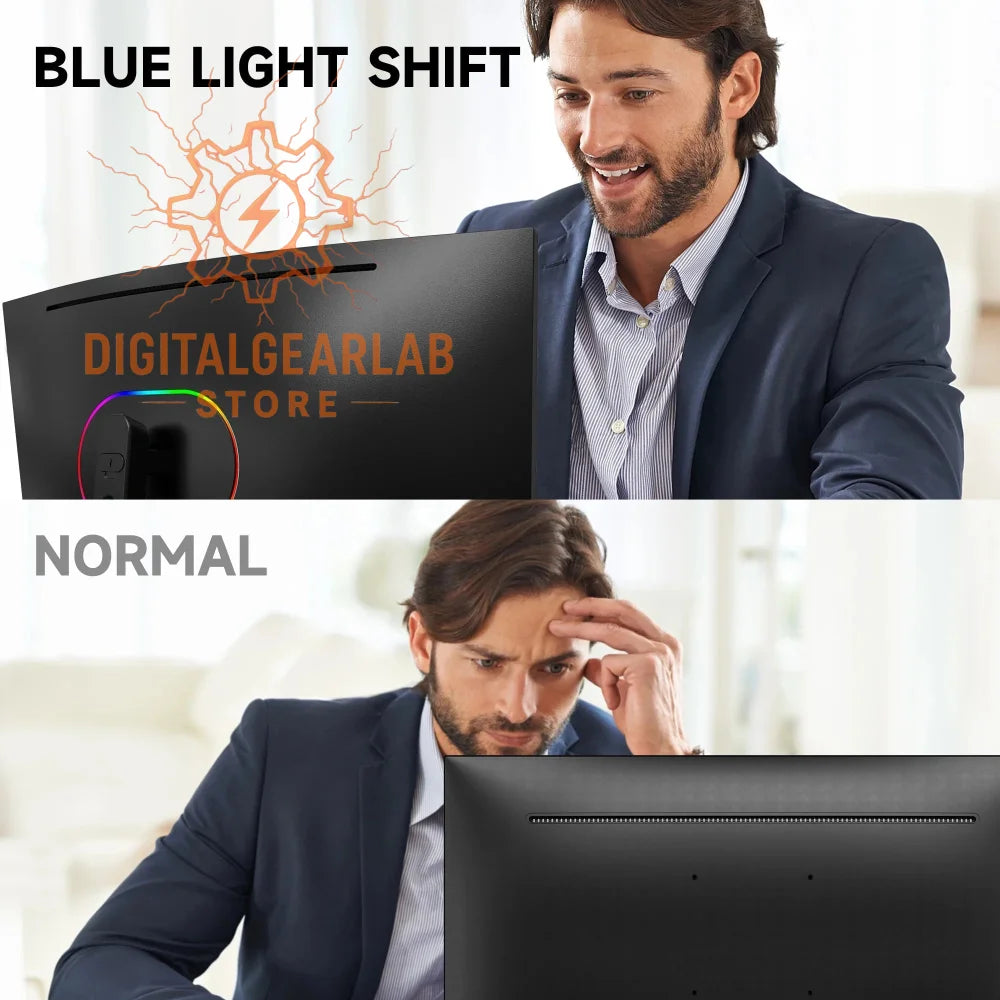 27-inch curved monitor with blue light shift technology, black frame and glossy finish.