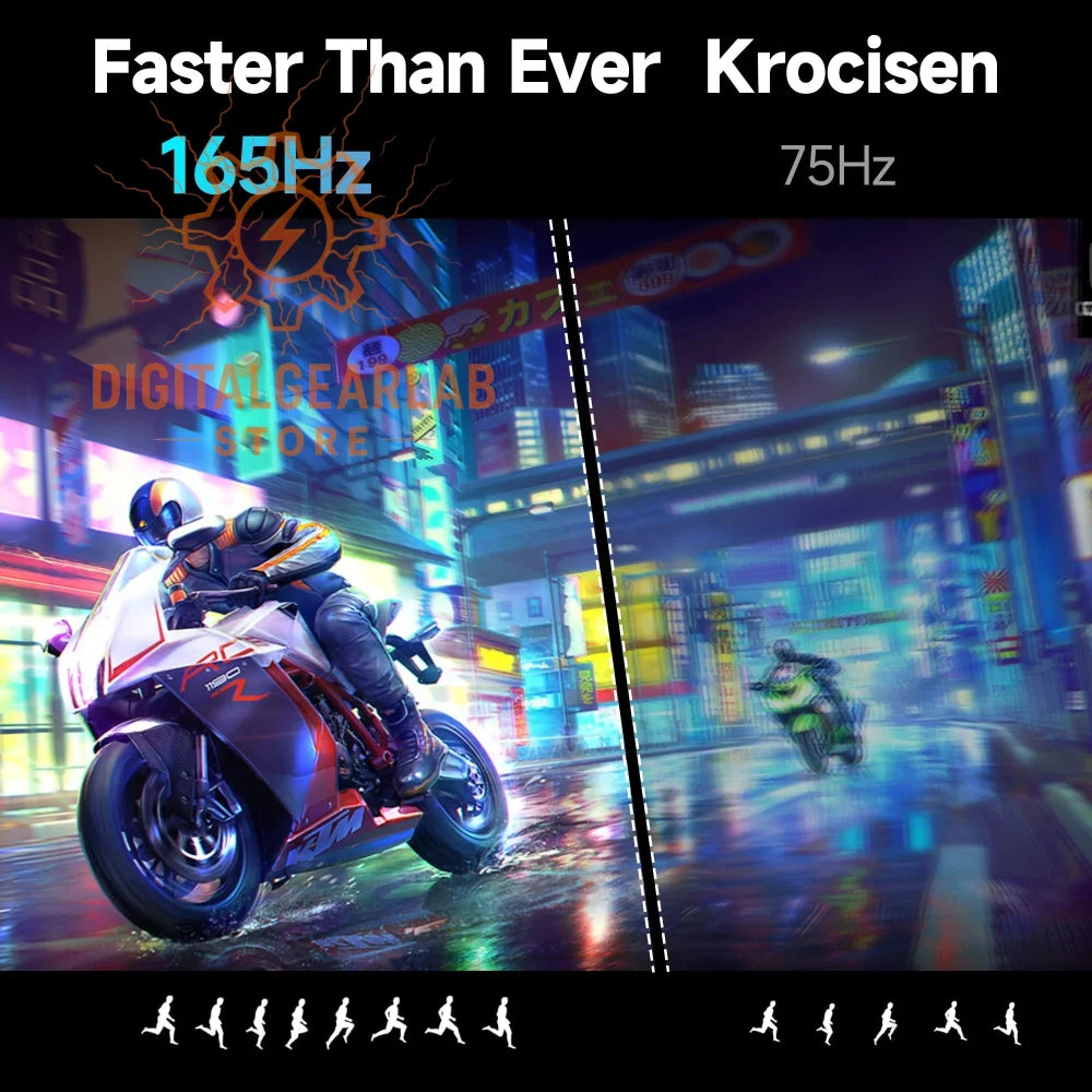 165hz gaming monitor with vibrant neon cityscape design, featuring a sleek black frame and glossy finish.