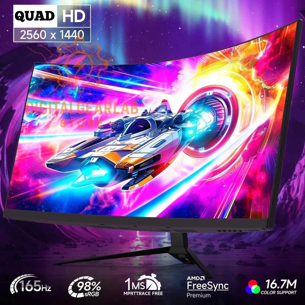 27-inch curved gaming monitor with 165hz refresh rate, amd freesync premium technology, and a vibrant display featuring orange, blue, purple hues.