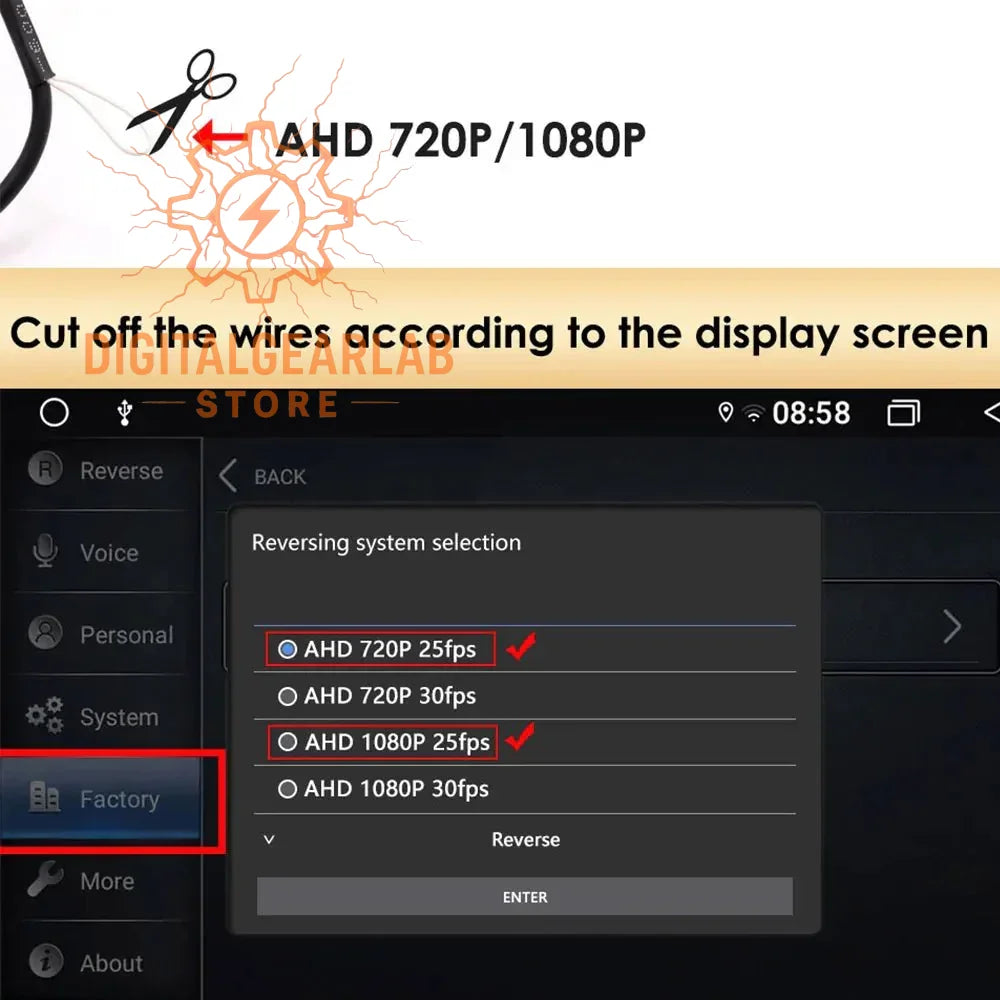 Black and red reversing system selection screen with options for ahd 720p/1080p resolutions.