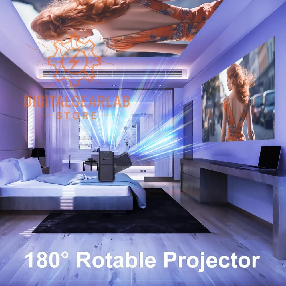 180° rotable projector with sleek black design and adjustable brightness.