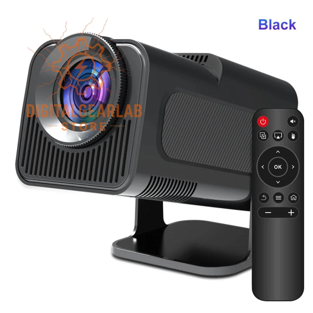Black projector with remote control and stand design, likely a portable model for home entertainment or presentations.