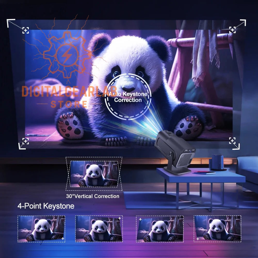 4-point keystone projector with panda design, black and white color scheme.