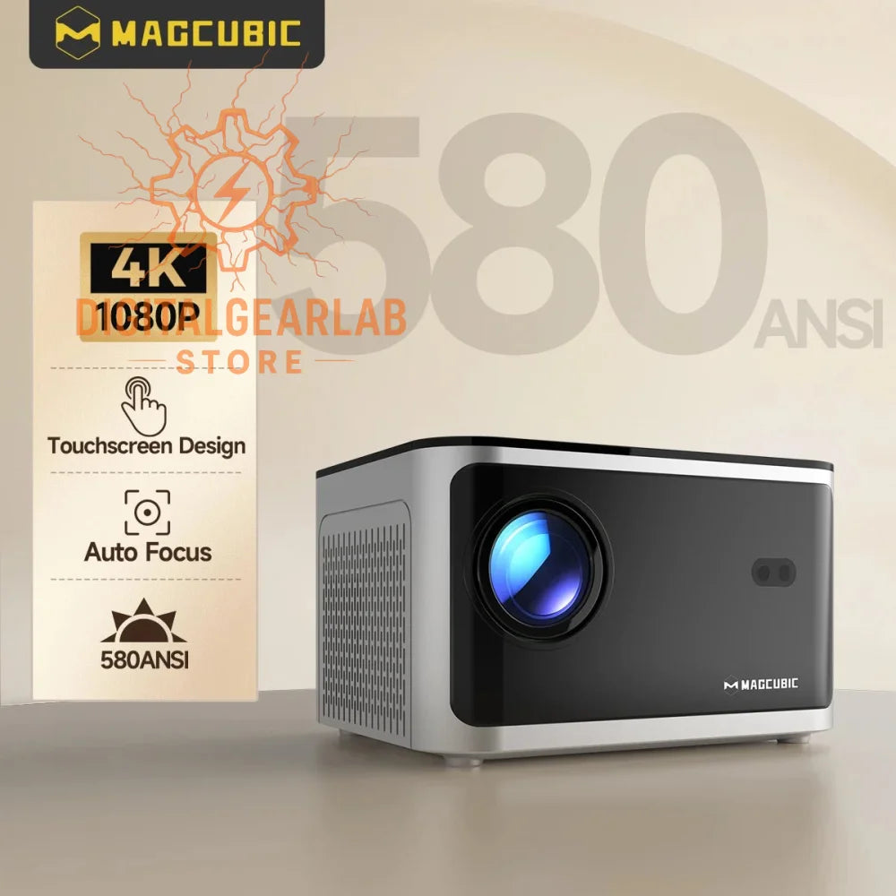 Black magcubic projector with 4k and auto-focus features.