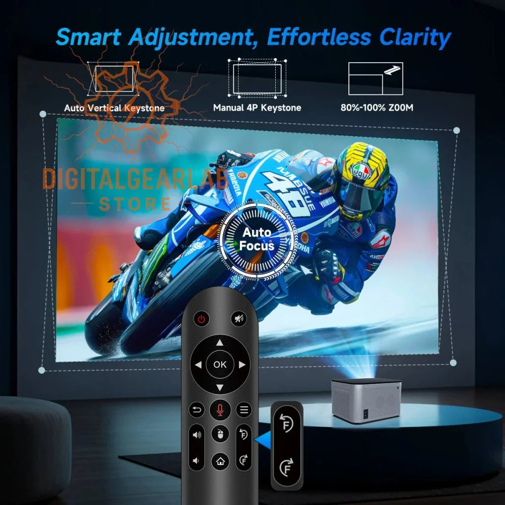4k projector with auto-focus and zoom features, displaying a motorcycle race scene on screen.