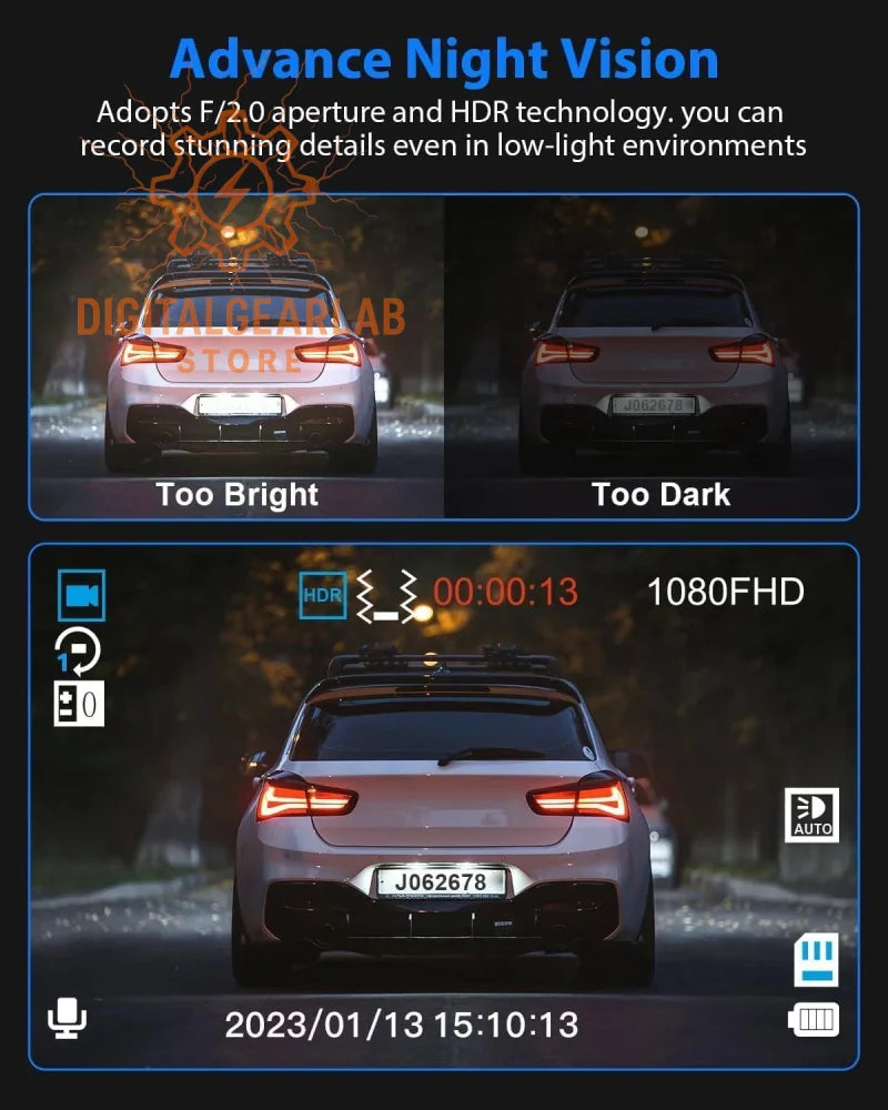 A sleek white bmw hatchback with led taillights and a roof rack, captured in clear 1080p hd night vision footage.