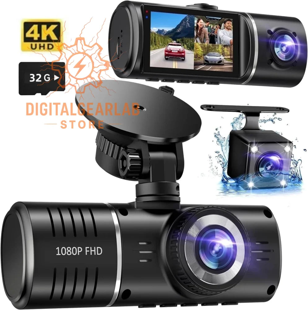 Black 4k uhd dash cam with a sleek cylindrical body, silver accent trim around the lens, and a built-in screen displaying real-time footage.