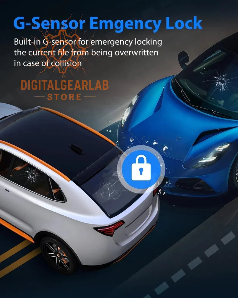 Blue and white sports cars with orange trim, featuring a built-in g-sensor emergency lock system.