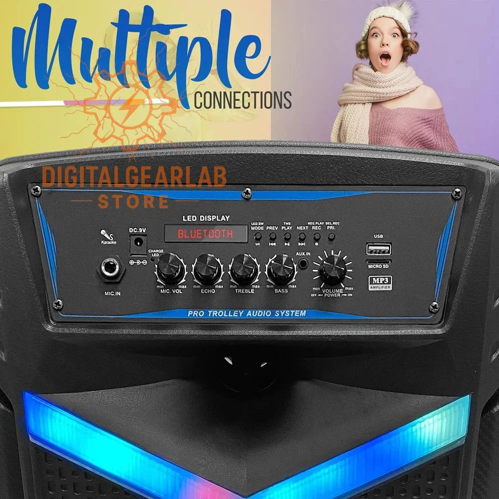 Black pro trolley audio system with blue led lighting and a control panel featuring bluetooth connectivity, usb ports, and multiple volume knobs.