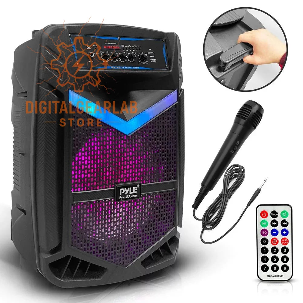 Black pyle pro trolley audio system speaker with blue and purple led lighting.