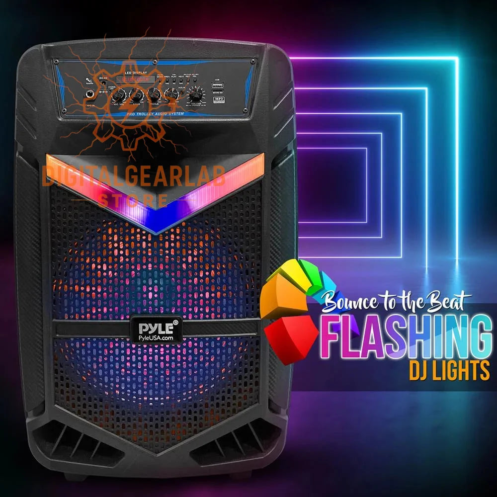 Black pyle pro trolley audio system speaker with a glowing led display and colorful flashing lights.