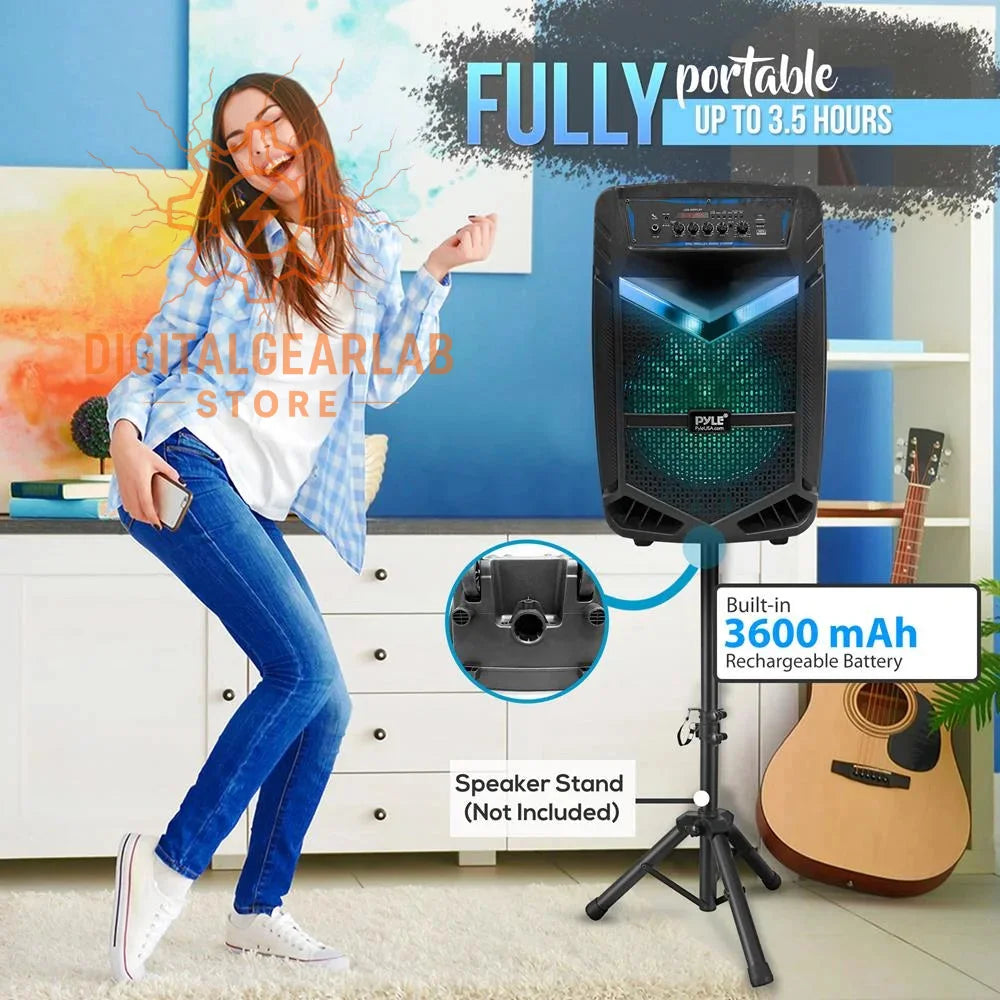 Black pyle portable speaker with a glowing blue led light and mesh grille.