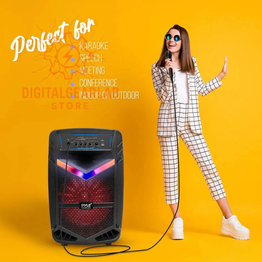 Black pyle portable speaker with red led lights and a v-shaped rgb light strip on the front panel.