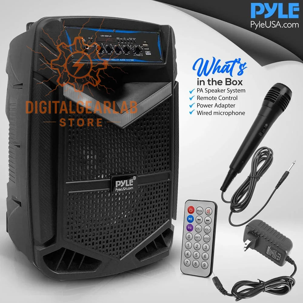 Black pyle pro trolley audio system speaker with a blue-accented control panel and perforated grille.