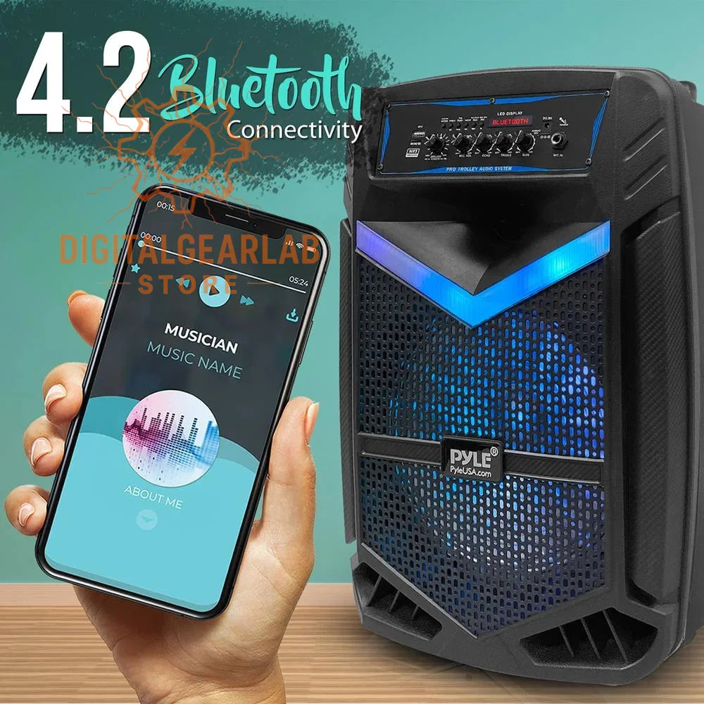 Black pyle portable bluetooth speaker with blue led lighting and a control panel on top.