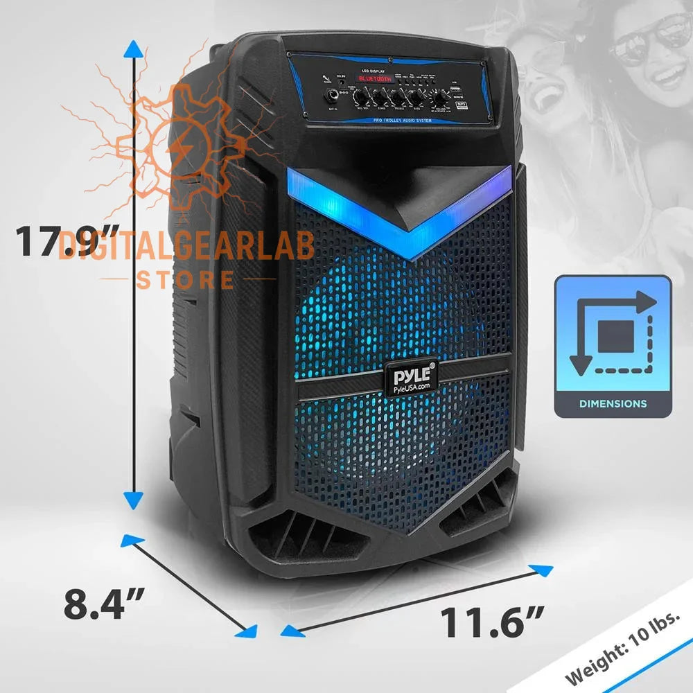 Black pyle portable speaker with blue led lighting and a mesh grille.