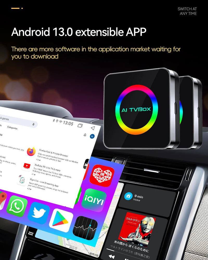 Wireless CarPlay and Android Auto Adapter with 4GB RAM and 32GB Storage for YouTube and Netflix on Android 13