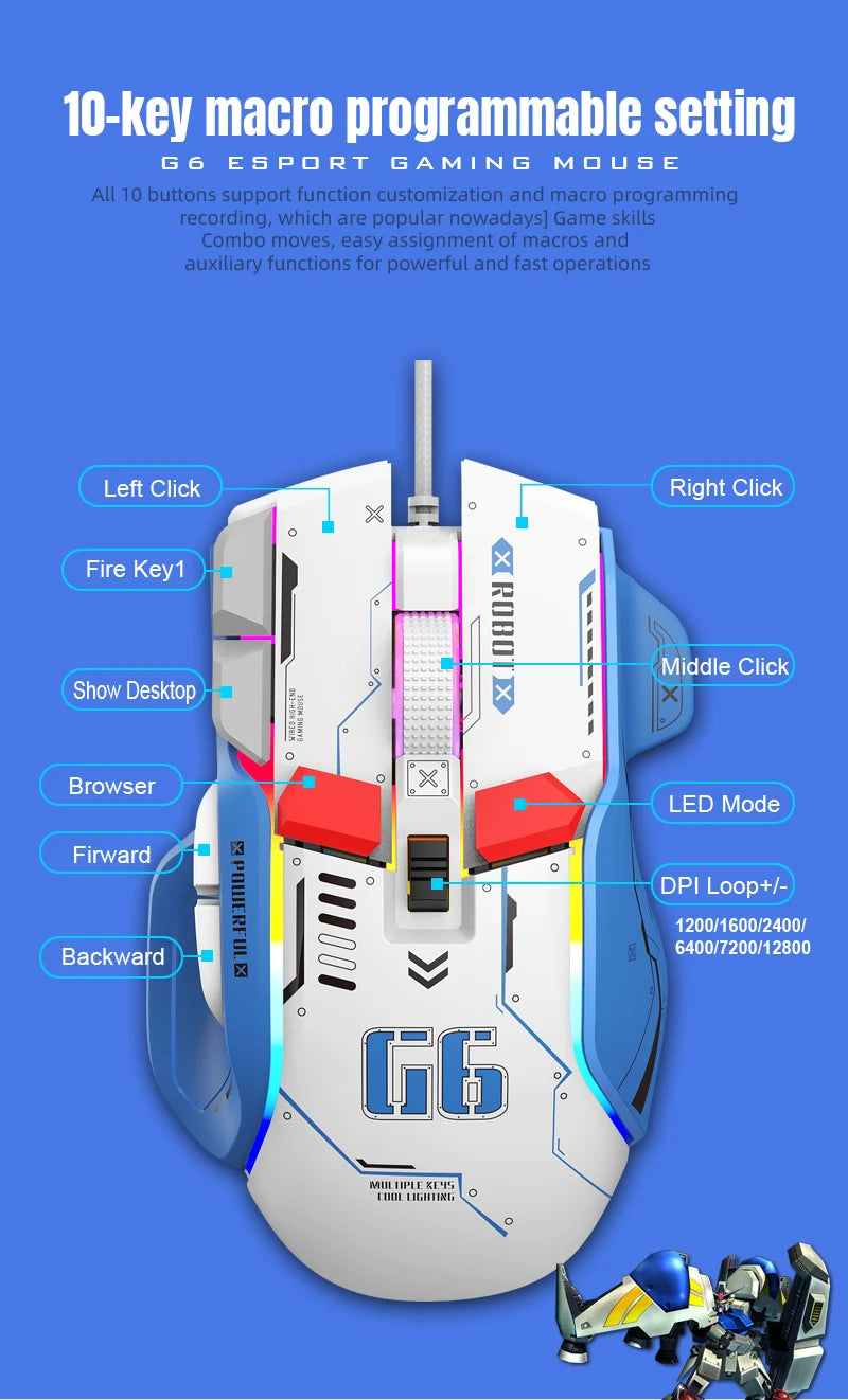 G6 Wired RGB Gaming Mouse — 128,000 DPI A826 Chip Macro Programmable & Ergonomic Design