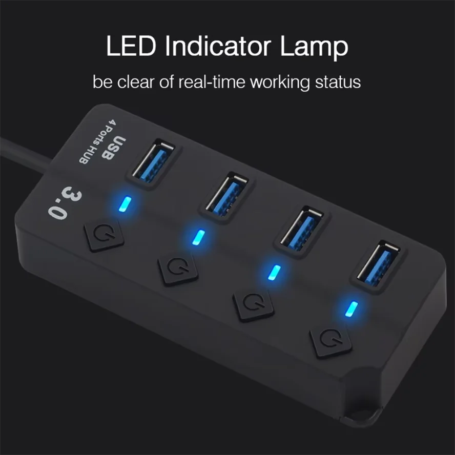 UltraLink™ USB 3.0 High-Speed Hub — 4-Port 5Gbps Splitter with Power Switch & Extended Cable