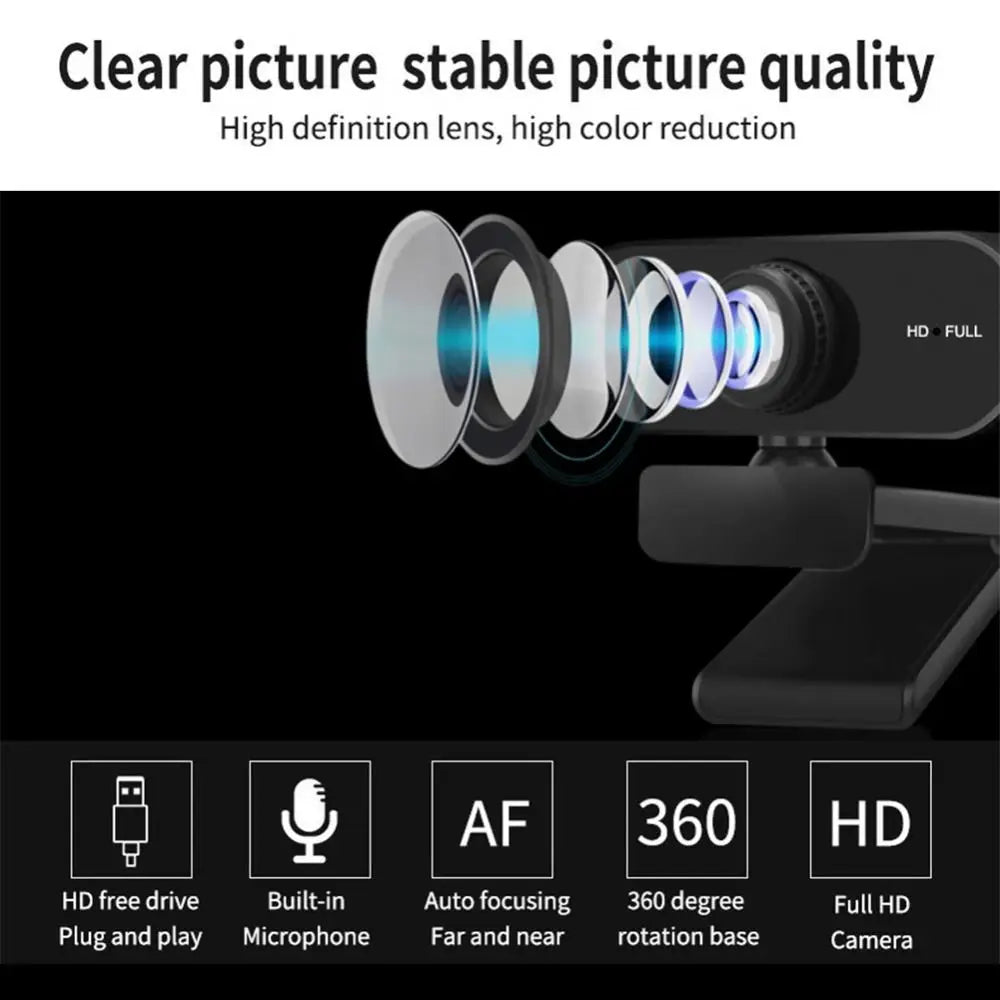 AutoFocus 2K HD Webcam — 1080p USB Plug-and-Play Camera with Built-In Microphone