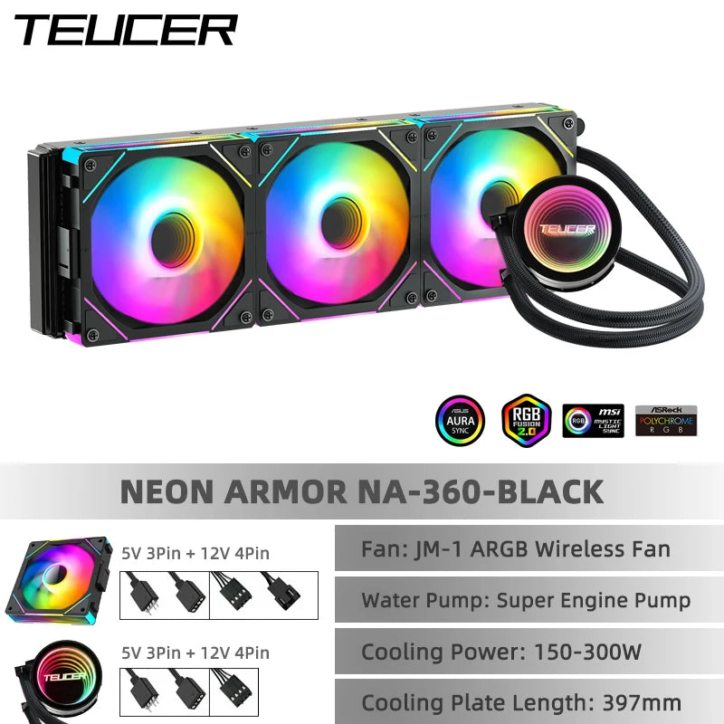 TEUCER AIO ARGB Liquid CPU Cooler — 240mm / 360mm Radiator with JM-1 Performance Fans X99 Compatible