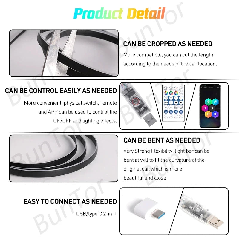 RGB Car Ambient Lighting Strip – Full App Control | Music Sync USB Dream Symphony Multi-Color Atmosphere LEDs