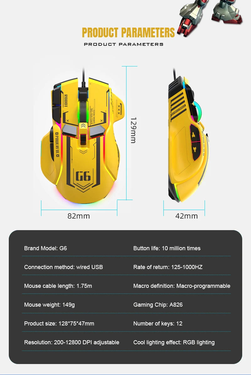 G6 Wired RGB Gaming Mouse — 128,000 DPI A826 Chip Macro Programmable & Ergonomic Design