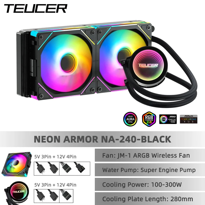 TEUCER AIO ARGB Liquid CPU Cooler — 240mm / 360mm Radiator with JM-1 Performance Fans X99 Compatible