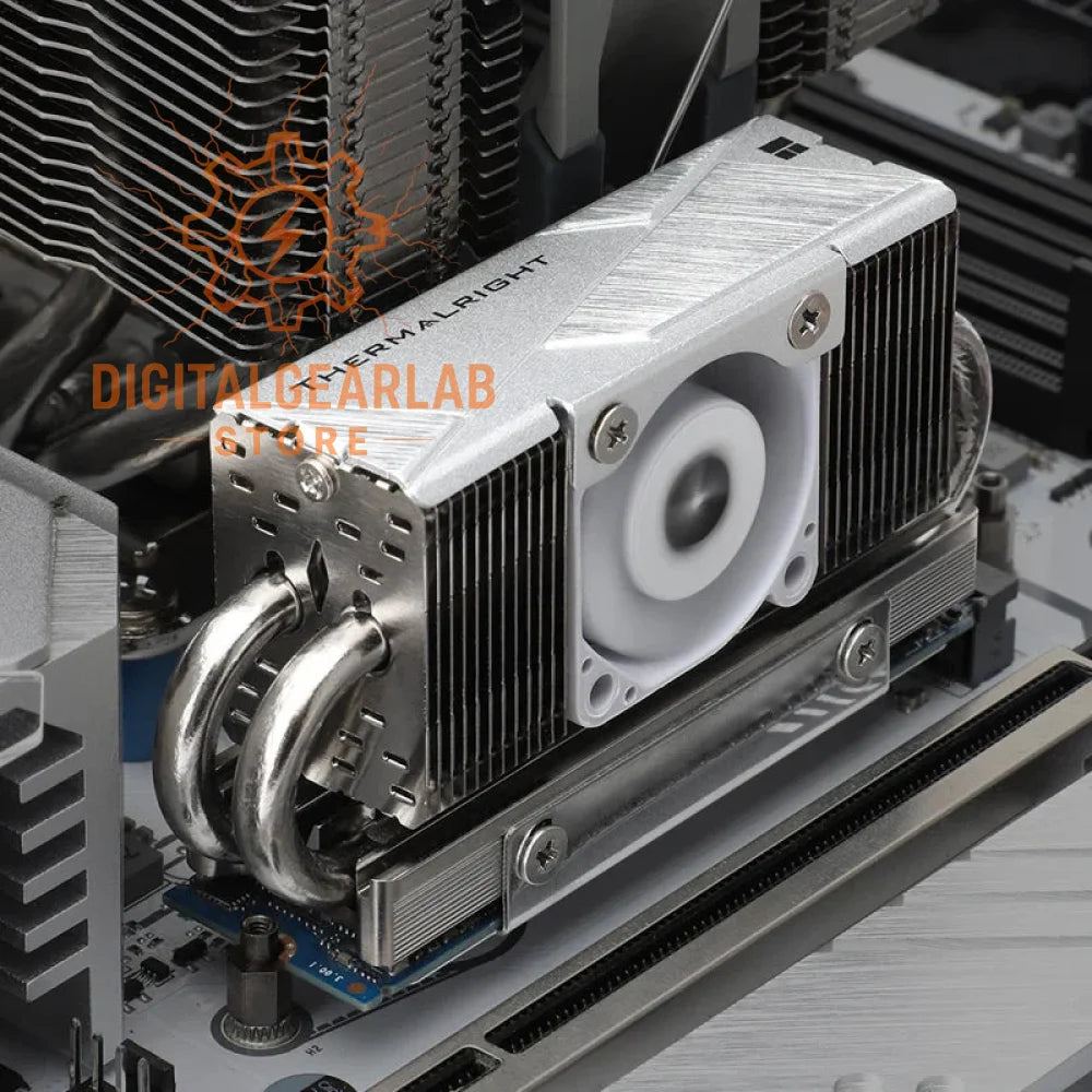 Silver thermalright heatsink with white fan and black text