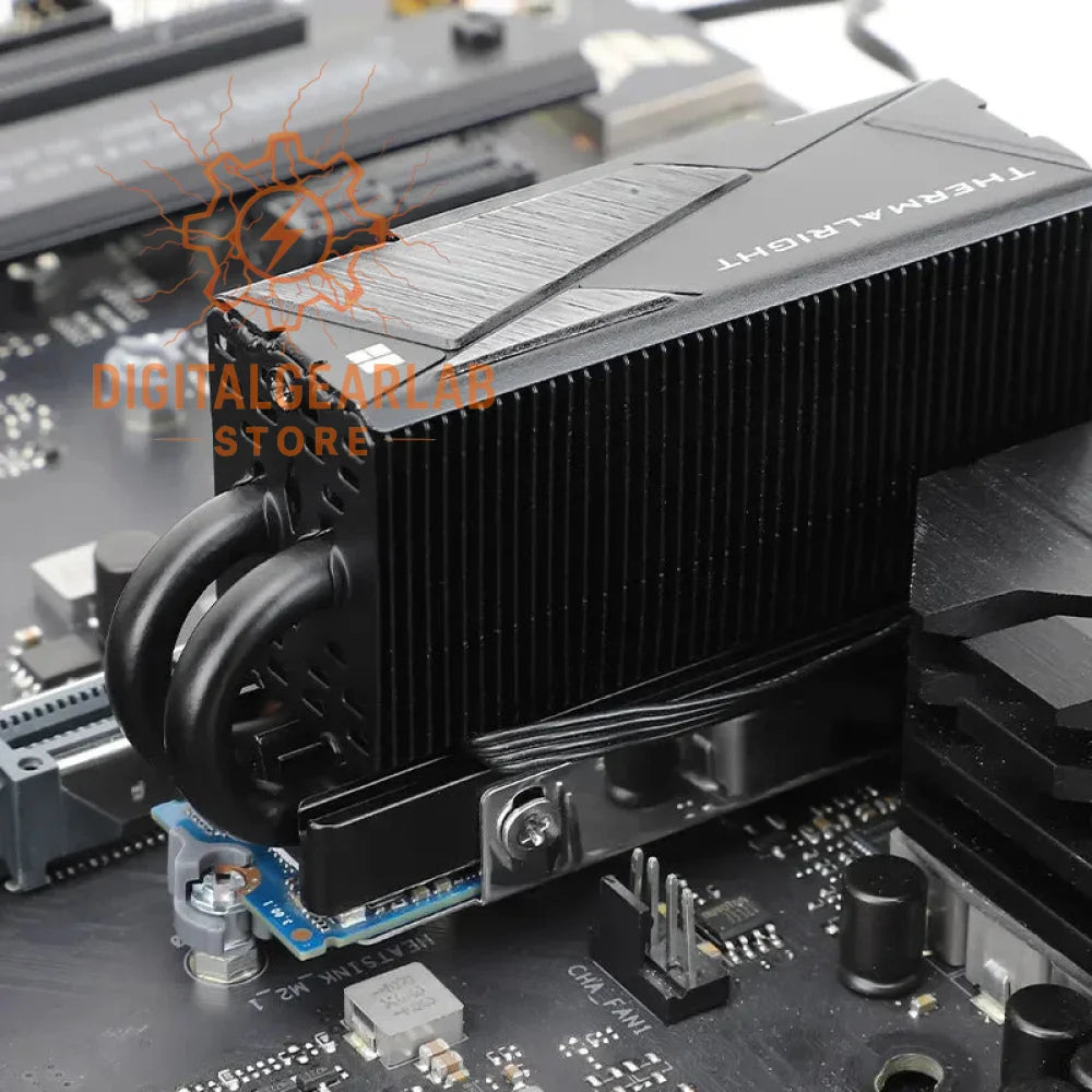 Black thermalright heatsink with fins and a cooling fan.