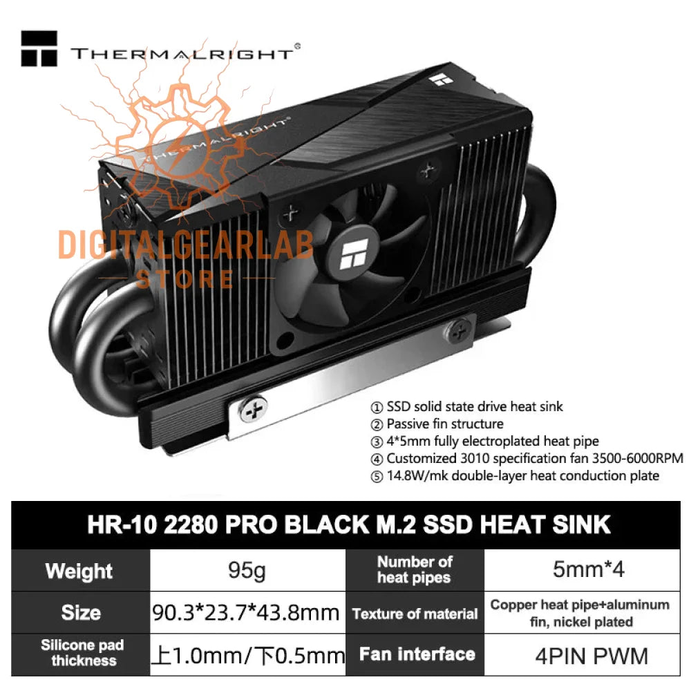 Black thermal heat sink with copper fins and nickel-plated material, featuring a 4-pin pwm fan interface.