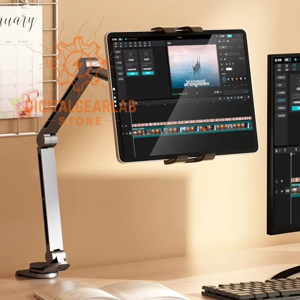 12-inch black and silver tablet stand with adjustable arm.