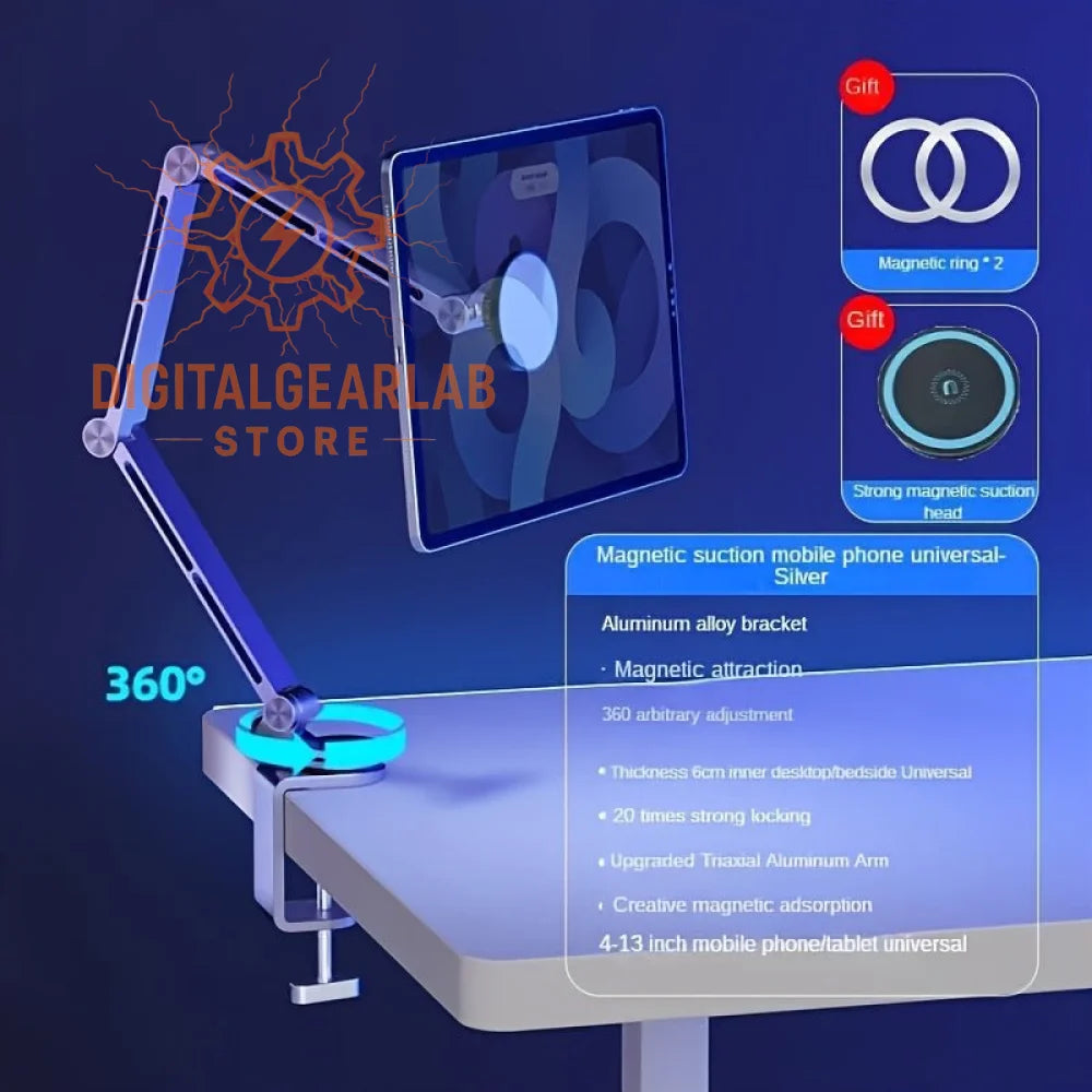 360-degree magnetic suction tablet holder with aluminum alloy bracket and spring magnetic head.