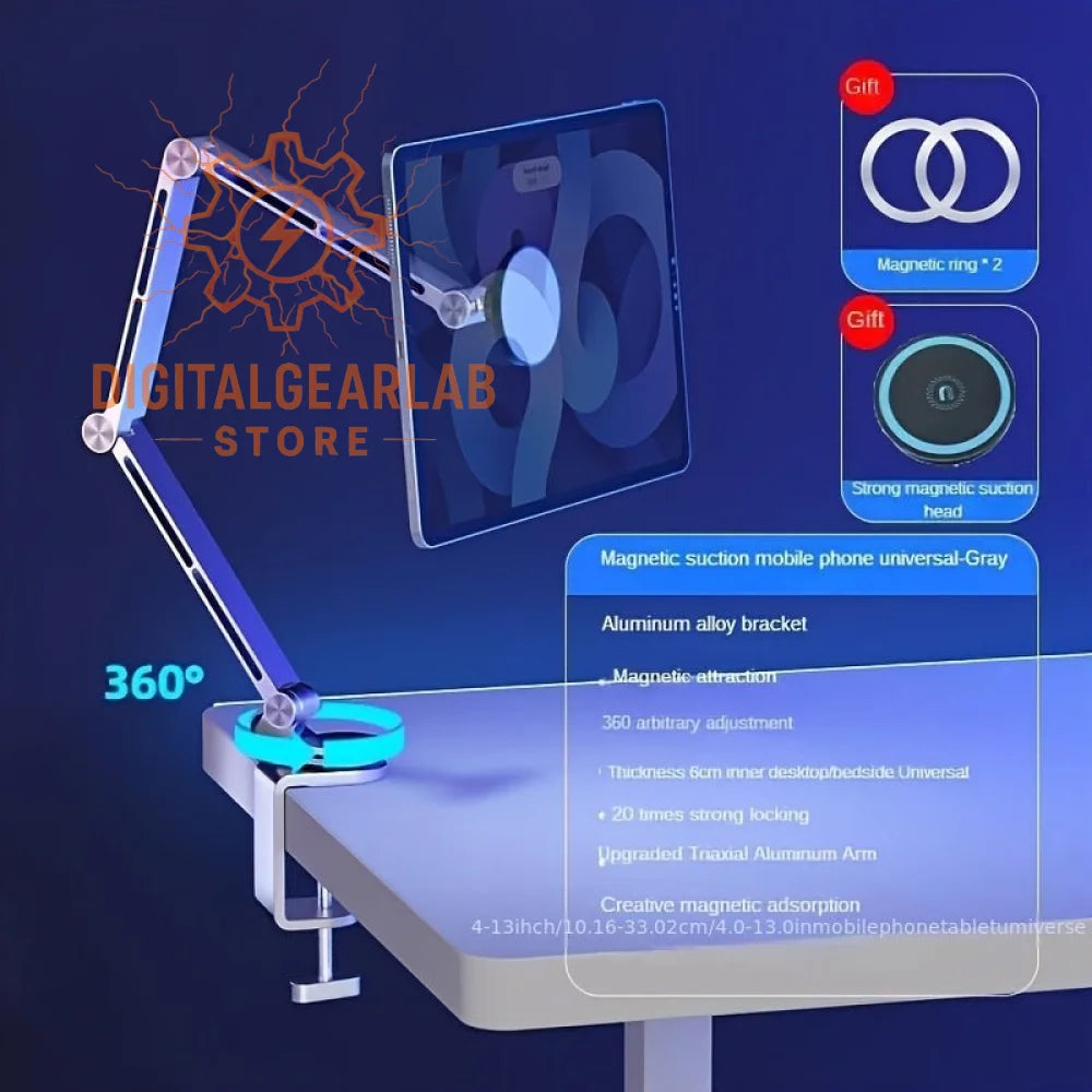 360-degree adjustable magnetic phone holder with aluminum alloy bracket and strong suction base, featuring a gray universal design.