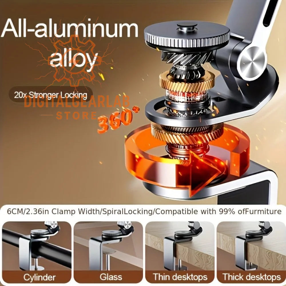 Aluminum alloy phone holder with 360° rotation and spiral locking mechanism.