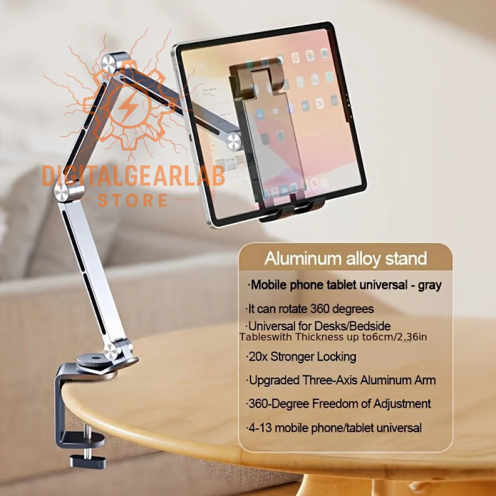 Aluminum alloy stand with 360-degree rotation and upgraded three-axis arm, gray color.