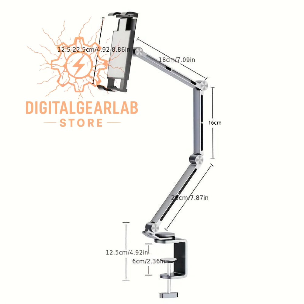 Silver adjustable arm tablet holder with black accents and a clamp base.