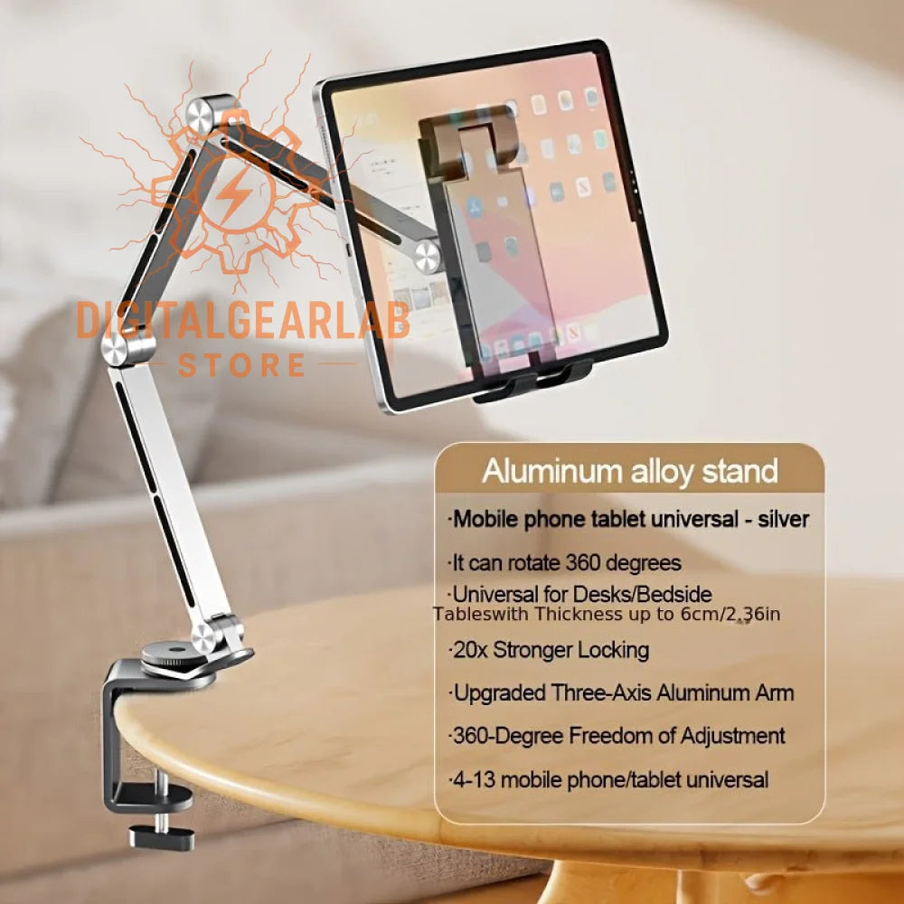 Aluminum alloy stand with 360-degree rotation and locking mechanism, silver color.