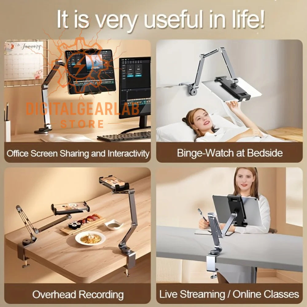 Black and silver adjustable desk mount with a flexible arm for tablet or smartphone, compatible with popular brands like logitech.