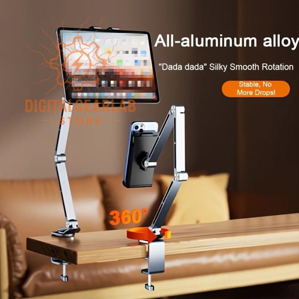360-degree rotating tablet and phone holder with aluminum alloy construction.