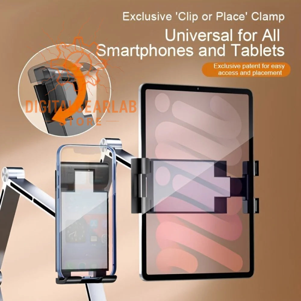 Black and silver adjustable phone holder with a ’clip or place’ clamp design for smartphones and tablets.