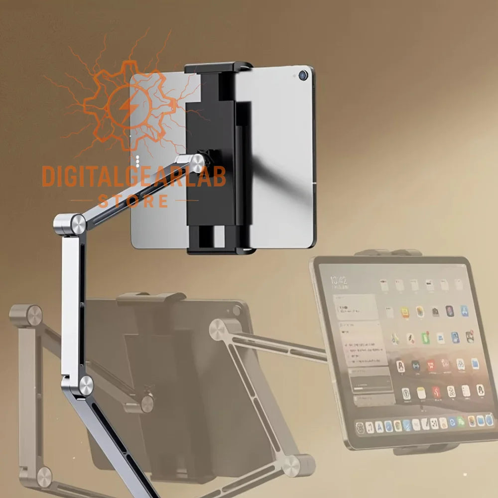 Silver and black adjustable tablet stand with a sleek, modern design.