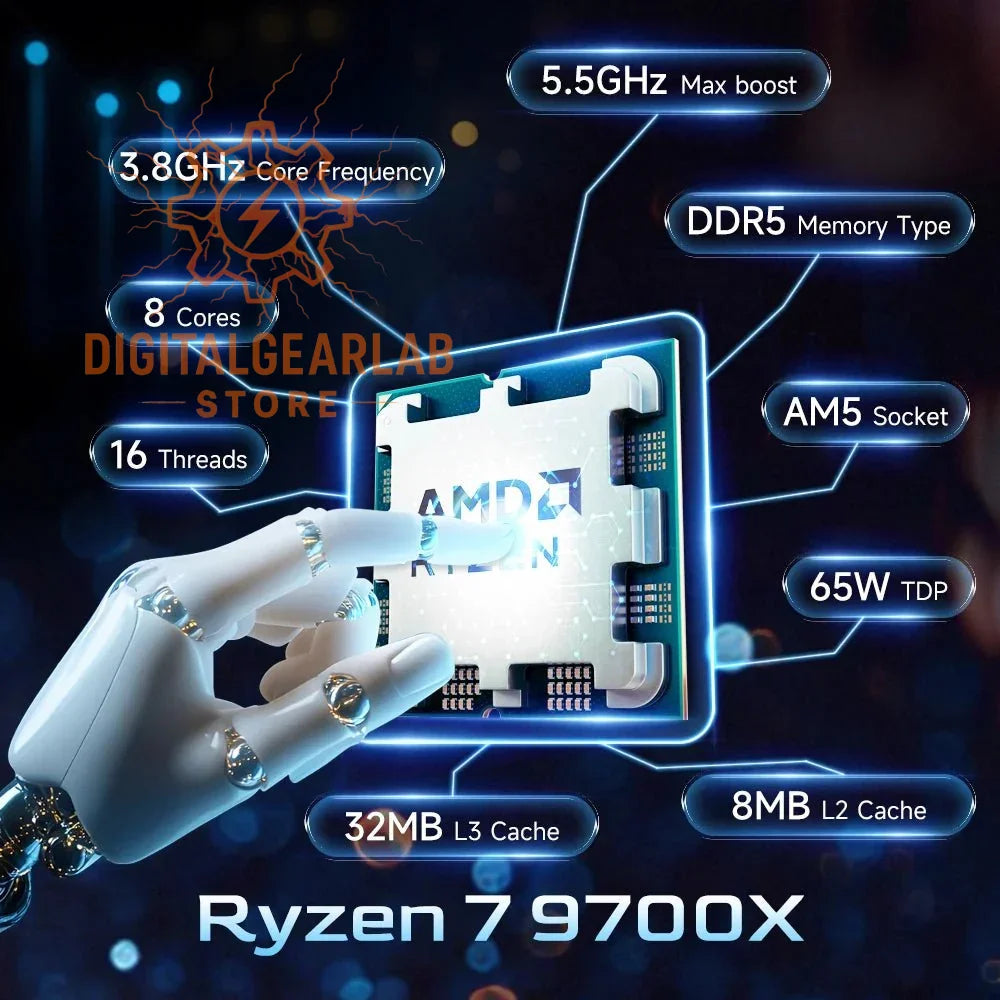 Amd ryzen 7 9700x processor with blue and white glowing elements, featuring a sleek silver metallic design.