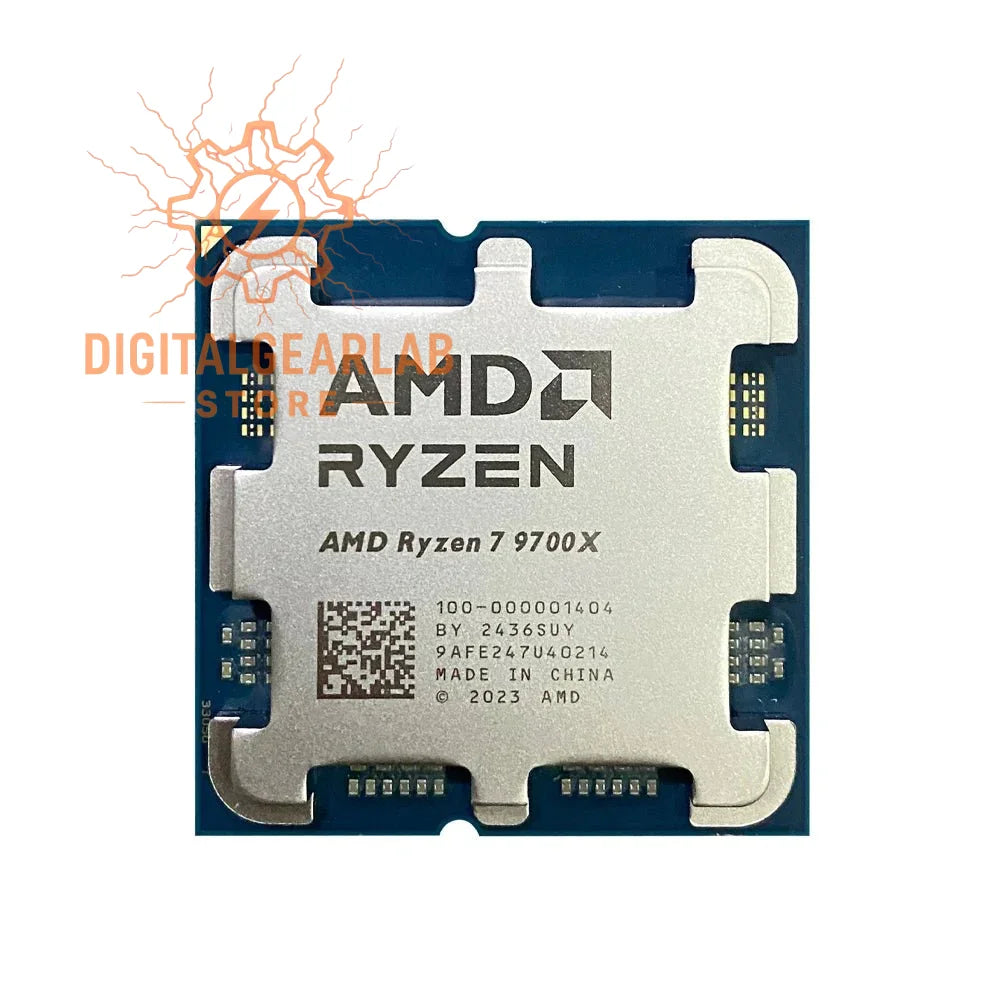 Amd ryzen 7 9700x processor with blue and white design, featuring a metallic surface.