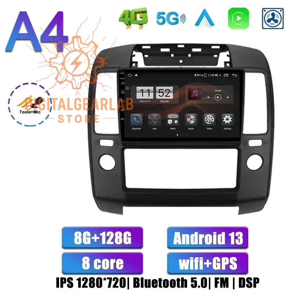 8-core android 13 car multimedia system with gps, bluetooth 5.0 and fm radio, featuring an ips display in black color.