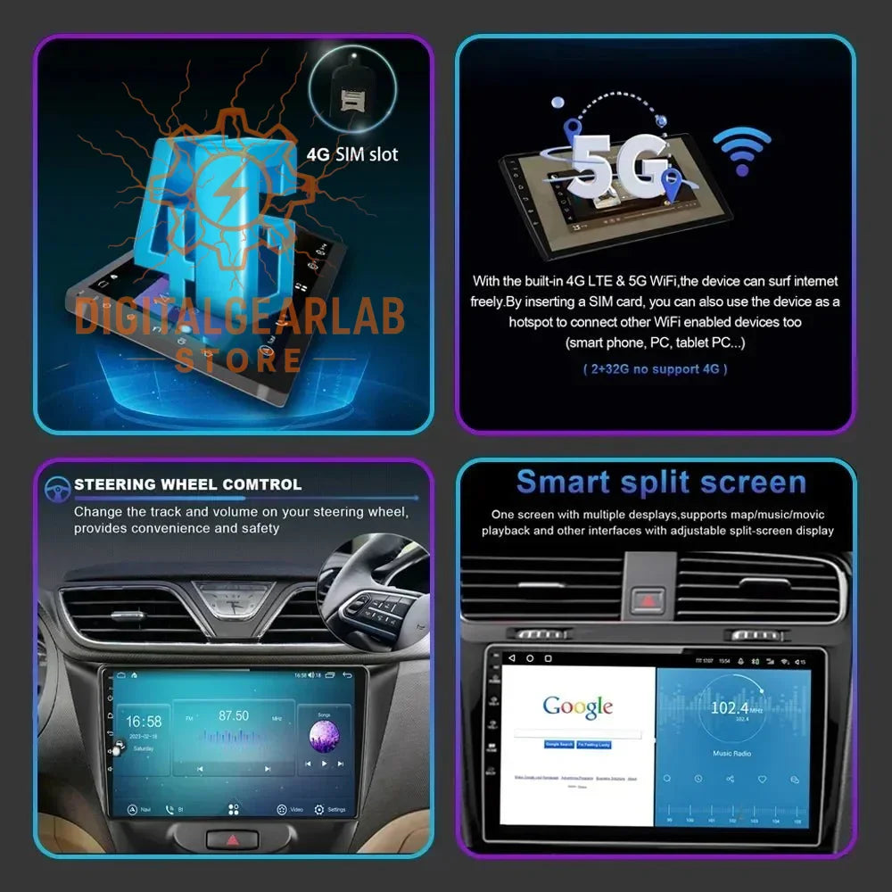 9-inch android car multimedia system with 4g sim slot, steering wheel control and smart split screen.
